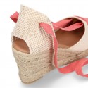 Cotton canvas wedge woman espadrilles shoes Valenciana style with three ribbons design in MAKE UP PINK.