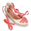 Cotton canvas wedge woman espadrilles shoes Valenciana style with three ribbons design in MAKE UP PINK.