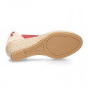 Cotton canvas wedge woman espadrilles shoes Valenciana style with three ribbons design in MAKE UP PINK.