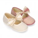 LINEN Cotton canvas little Mary Jane shoes with RIBBON design for girls.