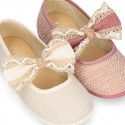 LINEN Cotton canvas little Mary Jane shoes with RIBBON design for girls.