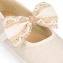 LINEN Cotton canvas little Mary Jane shoes with RIBBON design for girls.