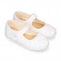 PLUMETI cotton canvas little Mary Jane shoes with hook and loop strap closure with button.
