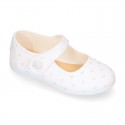 PLUMETI cotton canvas little Mary Jane shoes with hook and loop strap closure with button.