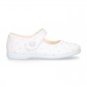 PLUMETI cotton canvas little Mary Jane shoes with hook and loop strap closure with button.