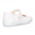 PLUMETI cotton canvas little Mary Jane shoes with hook and loop strap closure with button.