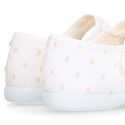 PLUMETI cotton canvas little Mary Jane shoes with hook and loop strap closure with button.