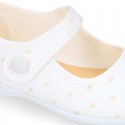 PLUMETI cotton canvas little Mary Jane shoes with hook and loop strap closure with button.