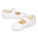 PLUMETI cotton canvas little Mary Jane shoes with hook and loop strap closure with button.