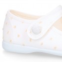 PLUMETI cotton canvas little Mary Jane shoes with hook and loop strap closure with button.