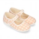 VICHY Cotton canvas Girl Mary Jane shoes with hook and loop strap closure and button.