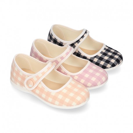 VICHY Cotton canvas Girl Mary Jane shoes with hook and loop strap closure and button.