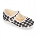 VICHY Cotton canvas Girl Mary Jane shoes with hook and loop strap closure and button.