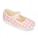 VICHY Cotton canvas Girl Mary Jane shoes with hook and loop strap closure and button.