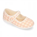 VICHY Cotton canvas Girl Mary Jane shoes with hook and loop strap closure and button.