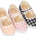 VICHY Cotton canvas Girl Mary Jane shoes with hook and loop strap closure and button.