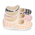 VICHY Cotton canvas Girl Mary Jane shoes with hook and loop strap closure and button.