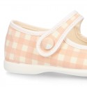 VICHY Cotton canvas Girl Mary Jane shoes with hook and loop strap closure and button.
