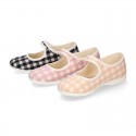 VICHY Cotton canvas Girl Mary Jane shoes with hook and loop strap closure and button.