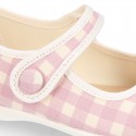 VICHY Cotton canvas Girl Mary Jane shoes with hook and loop strap closure and button.