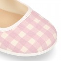 VICHY Cotton canvas Girl Mary Jane shoes with hook and loop strap closure and button.