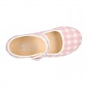 VICHY Cotton canvas Girl Mary Jane shoes with hook and loop strap closure and button.