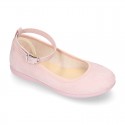 Serratex canvas Mary Janes dancer style with crossed ribbons or buckle fastening.