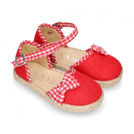 Red Linen canvas Girl espadrille shoes with VICHY design.