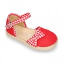 Red Linen canvas Girl espadrille shoes with VICHY design.