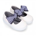 Cotton canvas girl Mary Jane shoes with bow with laces and VICHY square design..