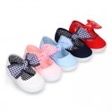 Cotton canvas girl Mary Jane shoes with bow with laces and VICHY square design..