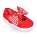 Cotton canvas girl Mary Jane shoes with bow with laces and VICHY square design..