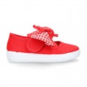 Cotton canvas girl Mary Jane shoes with bow with laces and VICHY square design..