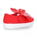 Cotton canvas girl Mary Jane shoes with bow with laces and VICHY square design..