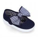 Cotton canvas girl Mary Jane shoes with bow with laces and VICHY square design..