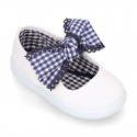 Cotton canvas girl Mary Jane shoes with bow with laces and VICHY square design..