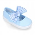 Cotton canvas girl Mary Jane shoes with bow with laces and VICHY square design..