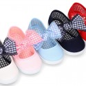 Cotton canvas girl Mary Jane shoes with bow with laces and VICHY square design..