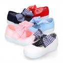 Cotton canvas girl Mary Jane shoes with bow with laces and VICHY square design..