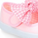 Cotton canvas girl Mary Jane shoes with bow with laces and VICHY square design..