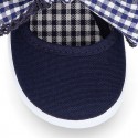 Cotton canvas girl Mary Jane shoes with bow with laces and VICHY square design..