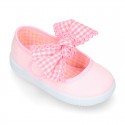 Cotton canvas girl Mary Jane shoes with bow with laces and VICHY square design..