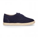 SUEDE LEATHER Laces up shoes espadrille style in navy blue color.