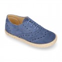 SUEDE LEATHER Laces up shoes espadrille style in navy blue color.
