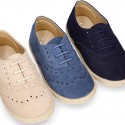 SUEDE LEATHER Laces up shoes espadrille style in navy blue color.