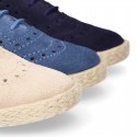 SUEDE LEATHER Laces up shoes espadrille style in navy blue color.