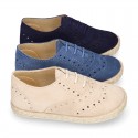 SUEDE LEATHER Laces up shoes espadrille style in navy blue color.