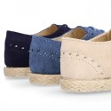 SUEDE LEATHER Laces up shoes espadrille style in navy blue color.