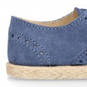 SUEDE LEATHER Laces up shoes espadrille style in navy blue color.