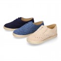 SUEDE LEATHER Laces up shoes espadrille style in navy blue color.